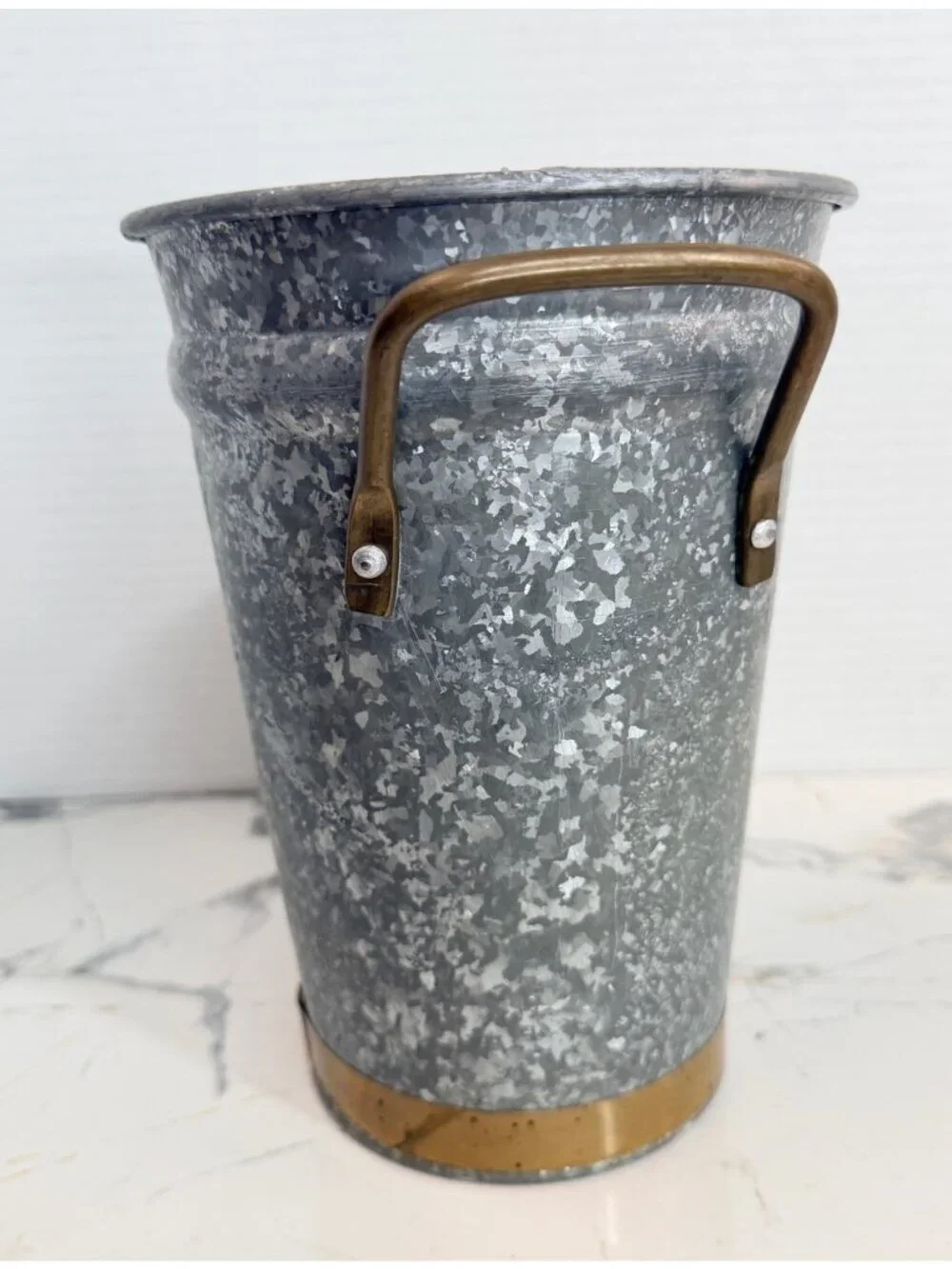 Vintage Galvanized French Flower Bucket Vase Brass Handles Rim Made in Slovakia
